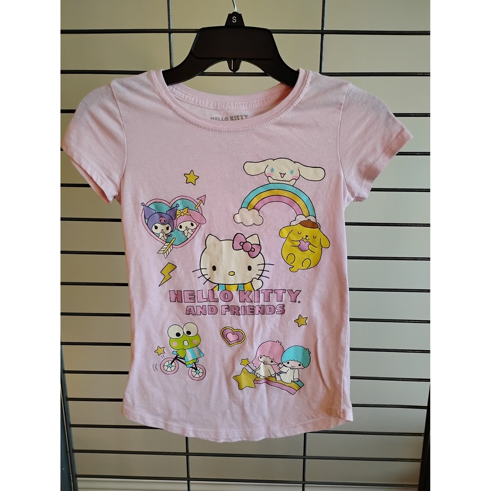 Sanrio Hello Kitty and Friends Pink Graphic Tee Kids Large Glitter Rainbow Shirt